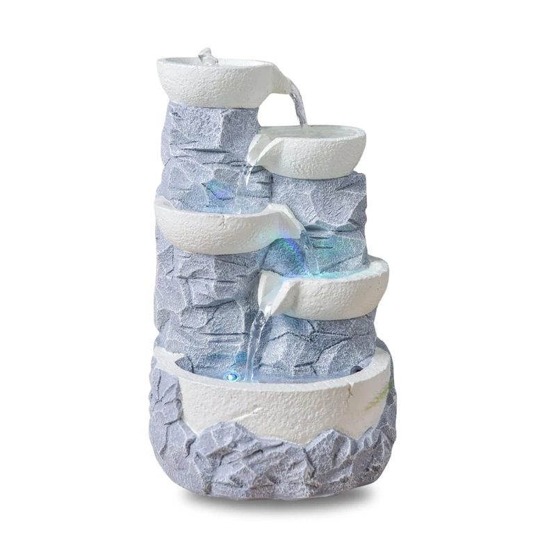 Waterfall Indoor Fountain 4 Levels Jar Natural Stone Effect LED Light Colorful LED Light, Zen and Relaxing Home Decor, Table Fountain, Exceptional Gift Idea, H 31 cm – Ganda Zen'Light