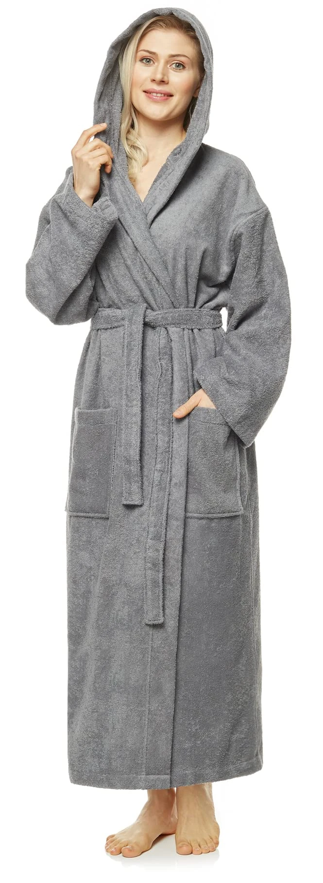 Arus Women`s bathrobe with hood,ankle length, 100% cotton terry towelling, grey, S-M Long