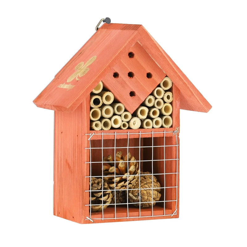 Relaxdays Insect Hotel, Nesting Aid for Bees & Wasps, Garden, Balcony, Insect House, HWD 21 x 17.5 x 9 cm, Wood, Orange