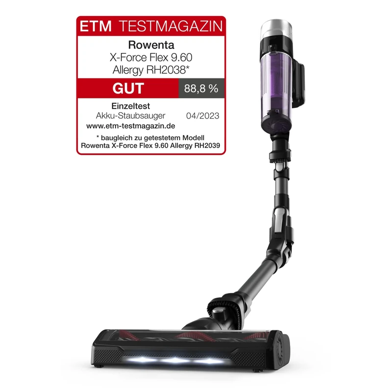 Rowenta RH2038 X-Force Flex 9.60 Allergy Cordless Stick Vacuum Cleaner | 100 Air Watt | Removable Battery | Up to 45 Minutes Running Time | Compact | Flex Joint | LED Nozzle | Purple/Black