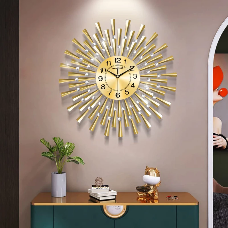 NEOTEND Large Wall Clock for Living Room Decor Gold Modern Silent Kitchen Big Wall Watch Clock for Bedroom Decorative Office Non Ticking Battery Operated Frameless Crystal Wall Decor 24 Inch