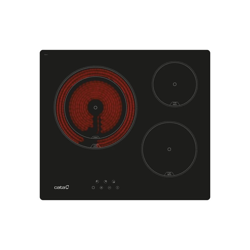 CATA - TD 6003 BK - Ceramic glass plate - Black colour - 3 high light fire zones - 9 adjustable power levels - Tactile control with acoustic signals - Power 5.4 kW - Width 59 cm
