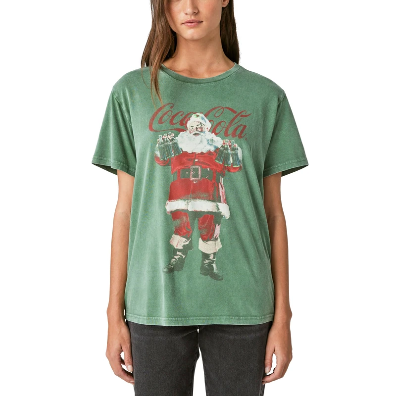 Lucky Brand Women's Santa Claus Coca Cola Boyfriend Tee, Hunter Green, XXL