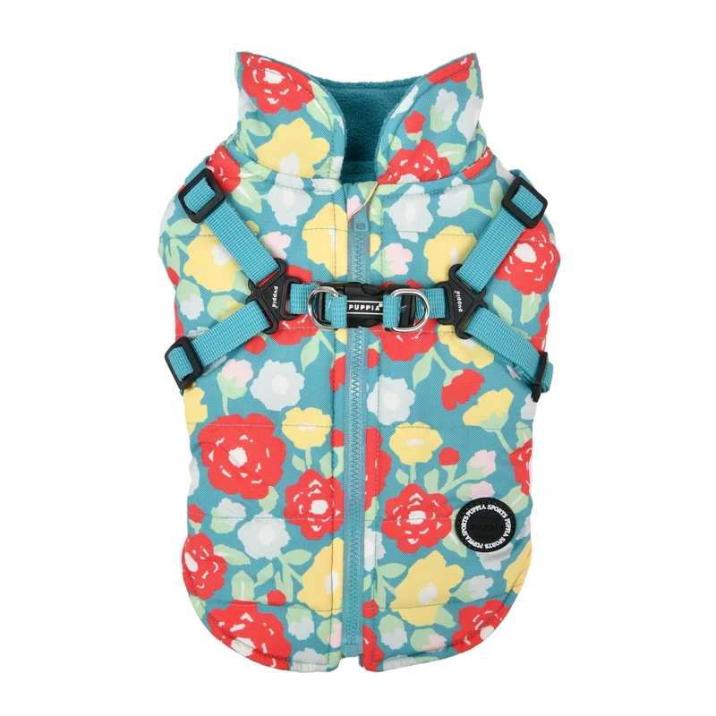 PUPPIA Puppia Alyssa Winter Dog Coat with Integrated Harness No Pull Cold Weather Waterproof Warm Fleece Back Zipper for Small & Medium Dog, Aqua, X-Large