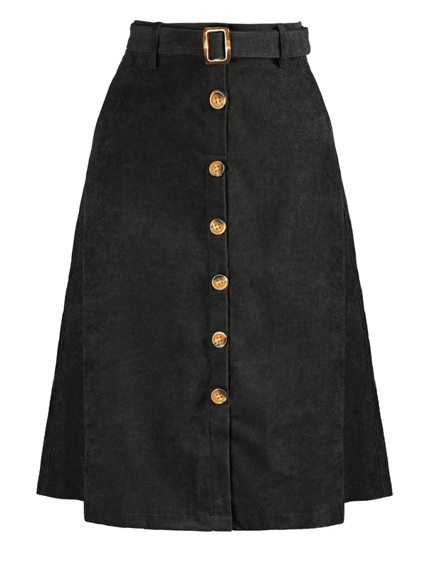 Allegra K Womens High Waist Button Front A-Line Belted Corduroy Midi Skirt, Black, XL - Image 1