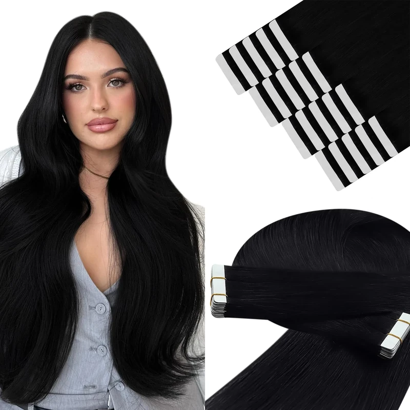 YoungSee Tape in Hair Extensions Human Hair Black Tape in Hair Extensions Jet Black Tapes Human Hair Silky Straight 16In 50g 20pcs