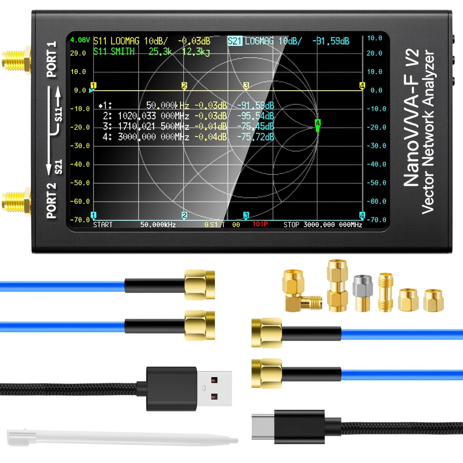 AURSINC NanoVNA-F V2 Vector Network Analyzer 50KHz-3GHz HF VHF UHF Antenna Analyzer, 4.3inch Touchscreen, 5000mAh Battery, Measuring S-Parameters Voltage Standing Wave Ratio Phase Delay Smith Chart