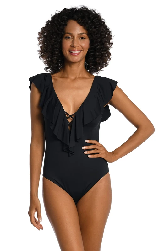 La Blanca Womens Island Goddess Over The Shoulder Ruffle Plunge One Piece, Black, 14 - Image 1