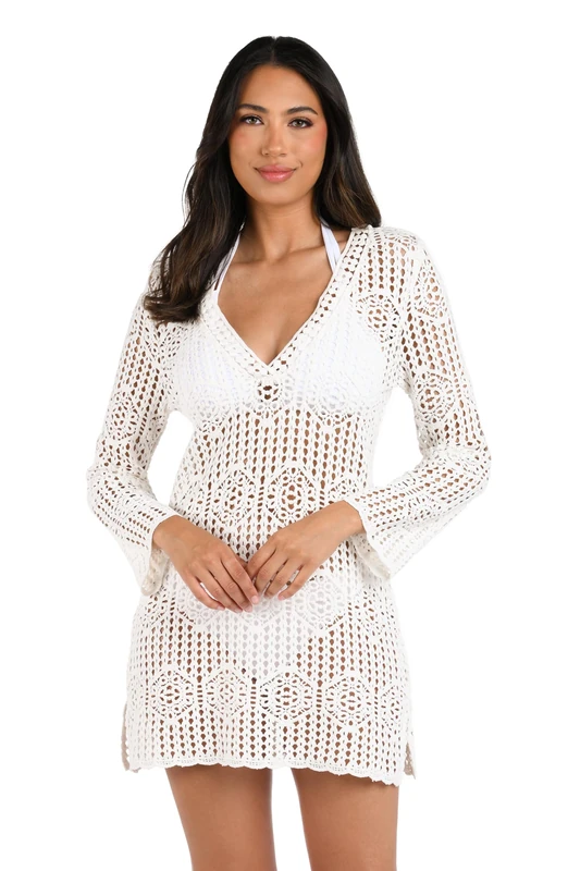 La Blanca Women's V-Neck Dress Swimsuit Swimwear, Ivory//Waverly Covers, Large