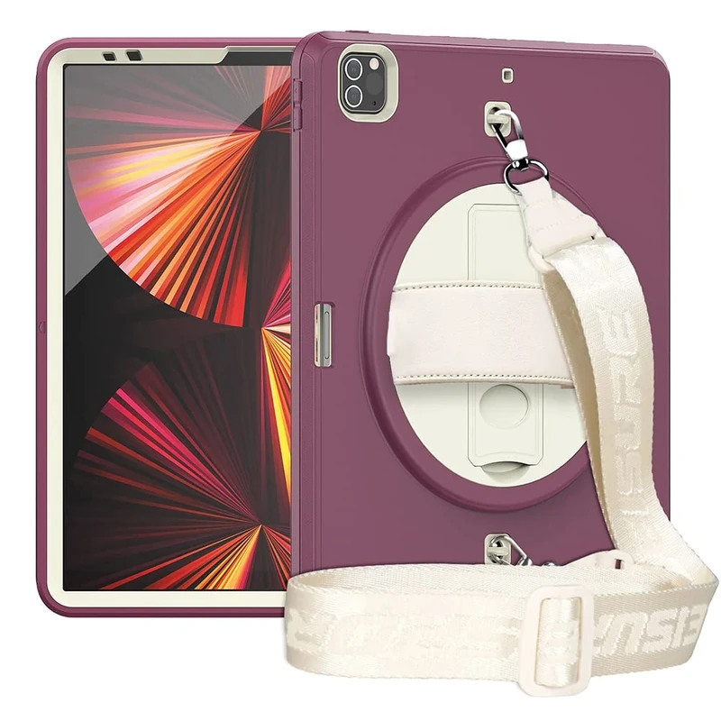 iPad Pro 12.9 Inch Case (2021/2020/2018) with Shoulder Strap, Heavy Duty Case for iPad 5/4/3rd Gen with 360 Degree Rotating Stand, Dark Red+White