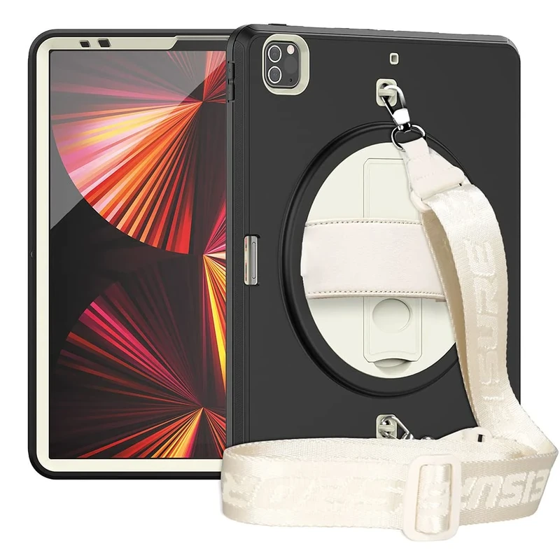 iPad Pro 12.9 Inch Case (2021/2020/2018) with Shoulder Strap, Heavy Duty Case for iPad 5/4/3rd Gen with 360 Degree Rotating Stand, Black+White