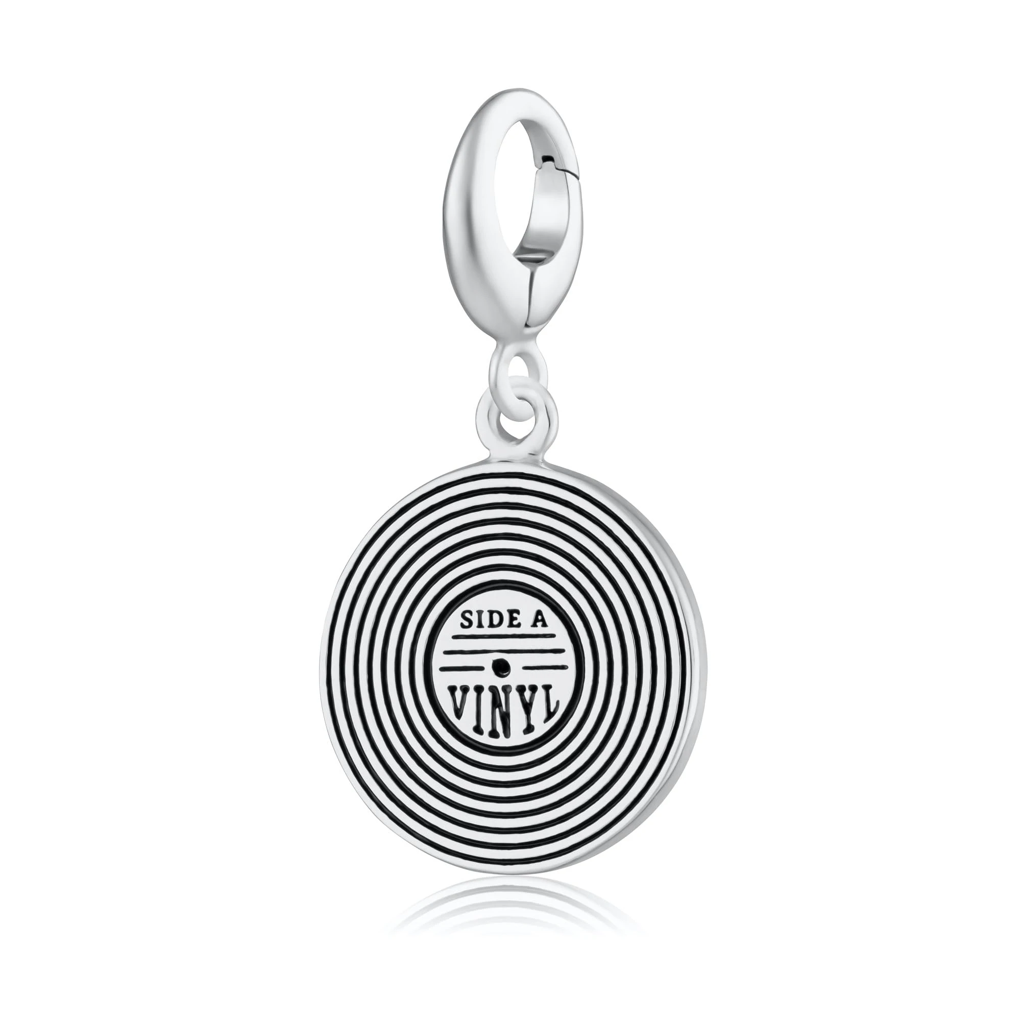 Lily Charmed Sterling Silver Vinyl Record Charm with clip on attachment to add to charm bracelet or necklace. Designed in the The UK
