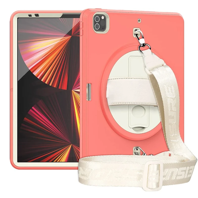 iPad Pro 12.9 Inch Case (2021/2020/2018) with Shoulder Strap, Heavy Duty Case for iPad 5/4/3rd Gen with 360 Degree Rotating Stand (Orange)