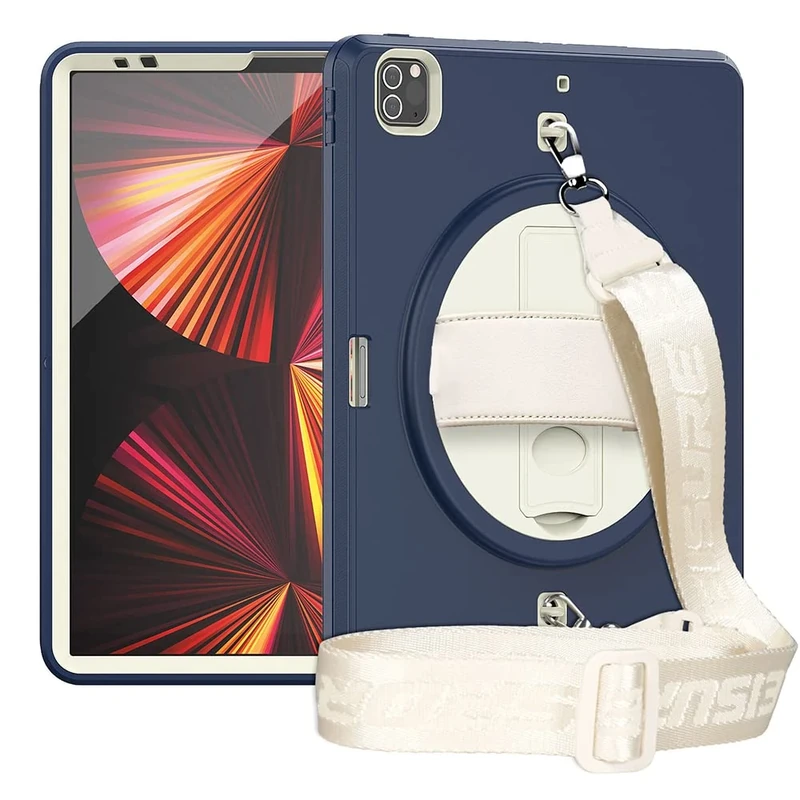 iPad Pro 12.9 Inch Case (2021/2020/2018) with Shoulder Strap, Heavy Duty Case for iPad 5/4/3rd Gen with 360 Degree Rotating Stand, Dark Blue+White