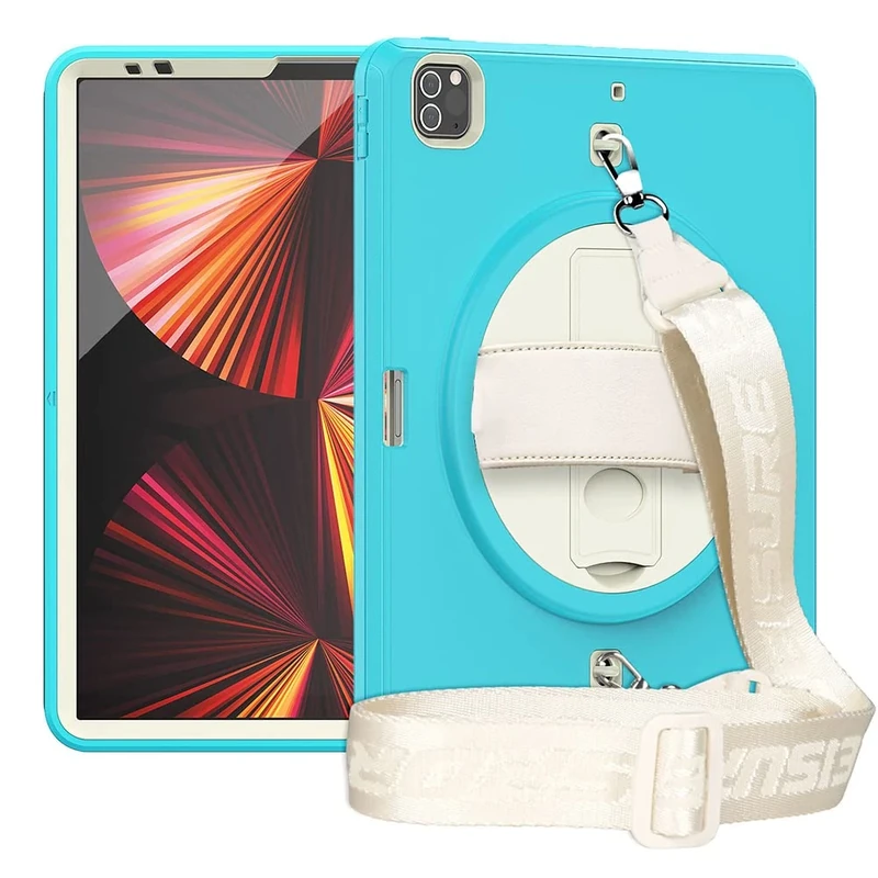 iPad Pro 12.9 Inch Case (2021/2020/2018) with Shoulder Strap, Heavy Duty Case for iPad 5/4/3rd Gen with 360 Degree Rotating Stand, Blue+White