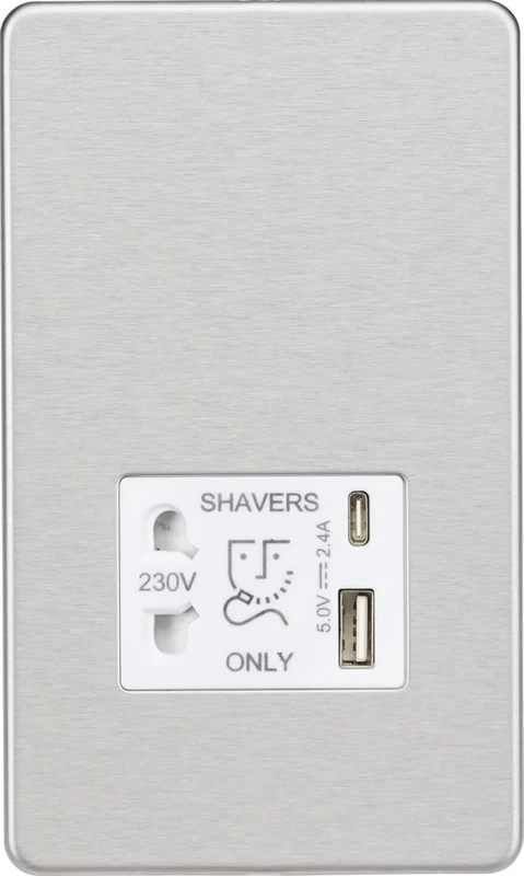 Knightsbridge Screwless Shaver socket with dual USB A+C (5V DC 2.4A shared) - brushed chrome with white insert