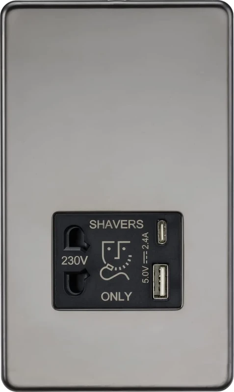 Knightsbridge Screwless Shaver Socket with Dual USB A+C (5V DC 2.4A Shared) - Black Nickel