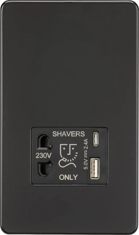 Knightsbridge Screwless Shaver socket with dual USB A+C (5V DC 2.4A shared) - matt black