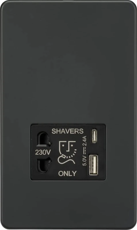 Knightsbridge Screwless Shaver Socket with Dual USB A+C (5V DC 2.4A Shared) - Anthracite