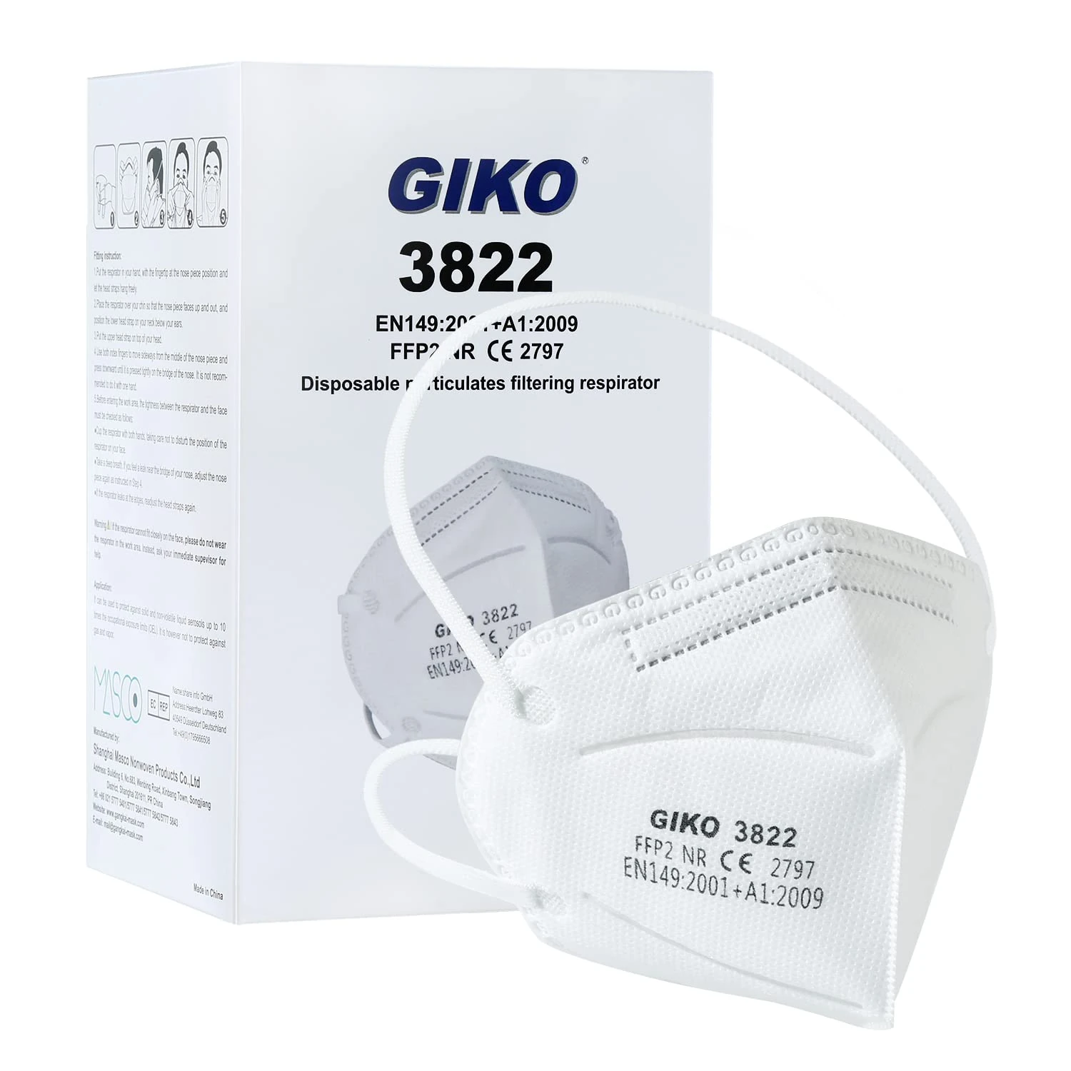 GIKO FFP2 Masks Pack of 50 FFP2 Respirator Mask FFP 2 Disposable Dust Masks 5-Layer Protective Face Masks, White