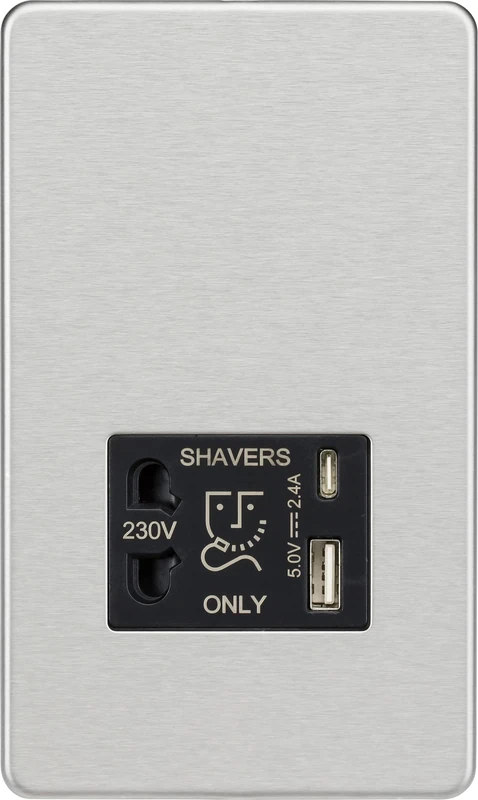 Knightsbridge Screwless Shaver socket with dual USB A+C (5V DC 2.4A shared) - brushed chrome with black insert