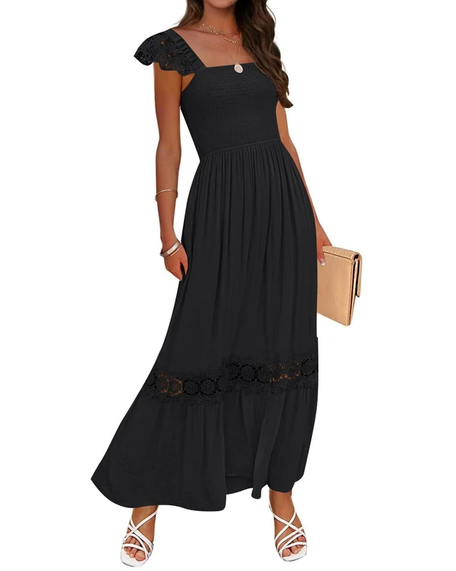 ZESICA Women's 2023 Summer Lace Strap Sleeveless Square Neck Smocked High Waist Ruffle Hollow Out Flowy A Line Maxi Dress, Black, S