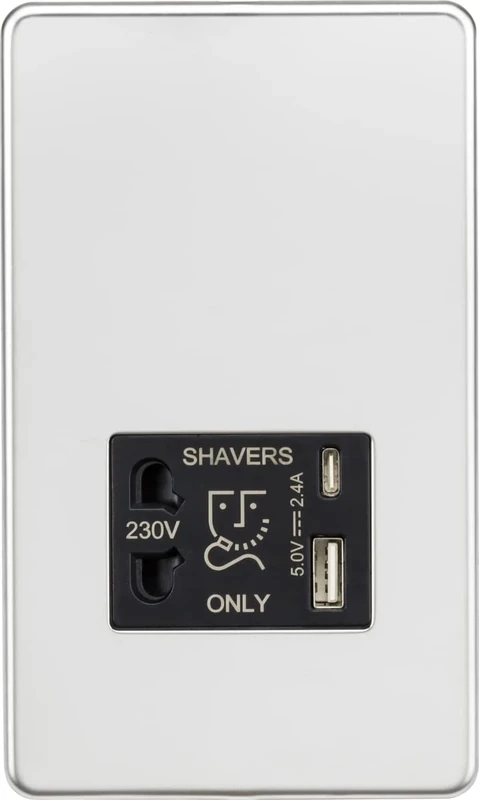 Knightsbridge Screwless Shaver Socket with Dual USB A+C (5V DC 2.4A Shared) - Polished Chrome with Black Insert