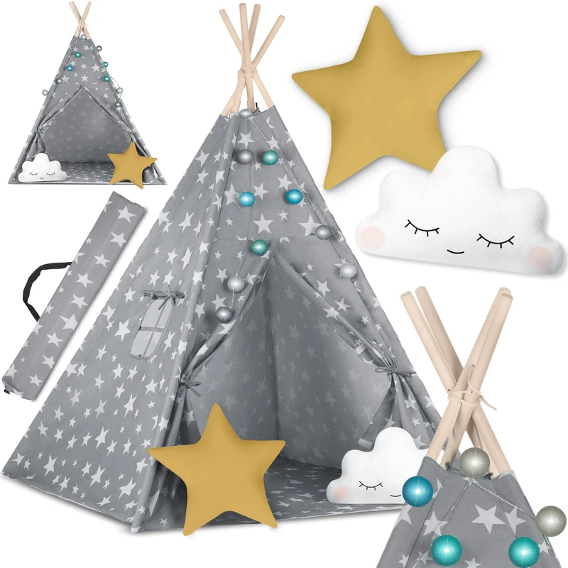 Nukido Children's Teepee Tent - Montessori Style, Natural Materials, 2 Cushions, Floor Mat, Fairy Lights & Cover Included - Ideal for Children's Room and Garden Adventures