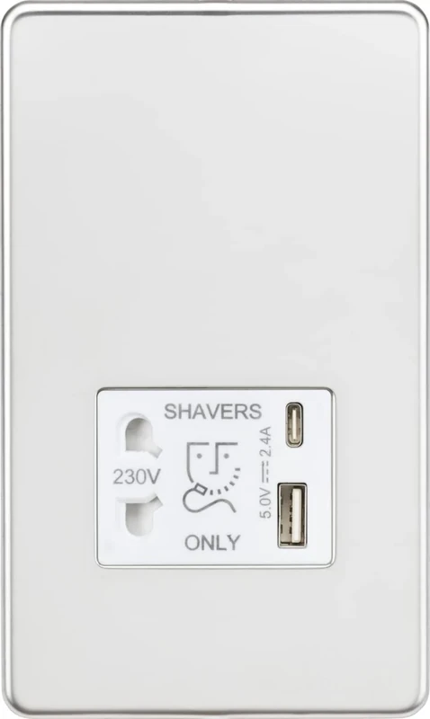 Knightsbridge Screwless Shaver Socket with Dual USB A+C (5V DC 2.4A Shared) - Polished Chrome with White Insert