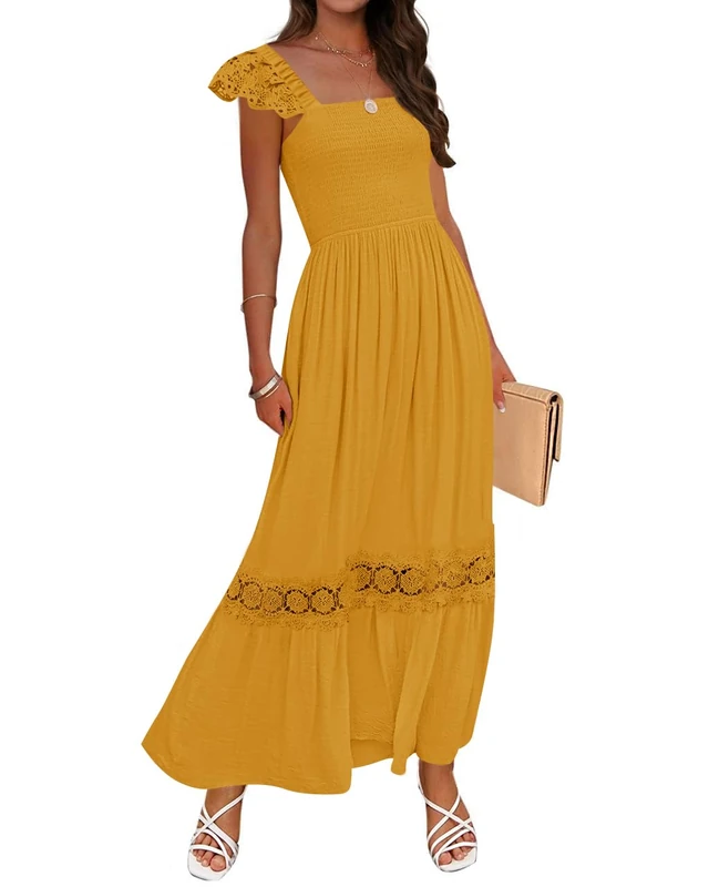 ZESICA Women's 2023 Summer Lace Strap Sleeveless Square Neck Smocked High Waist Ruffle Hollow Out Flowy A Line Maxi Dress, Mustard, L