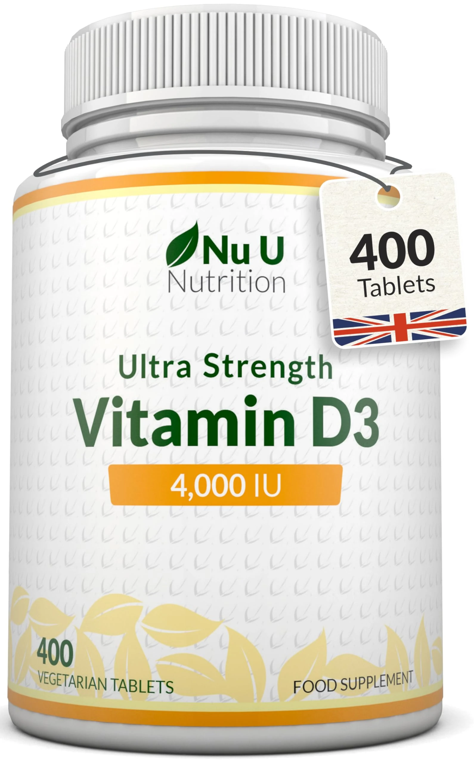 Vitamin D3 4000 IU - 400 Vegetarian Tablets - 13 Month Supply - High Strength 100 mcg Vitamin D - Immune System, Bone and Muscle Function Support - Made in The UK - Nu U Nutrition