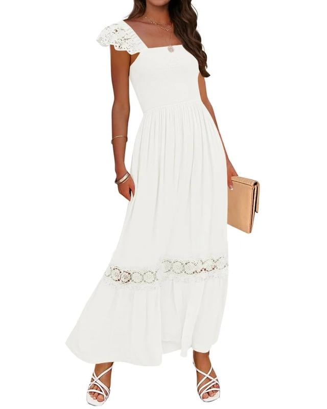 ZESICA 2023 Women Summer Long Dress Sleeveless Square Neck High Waist Smocked Ruffle Hollow Out Flowy A-Line, White, 8