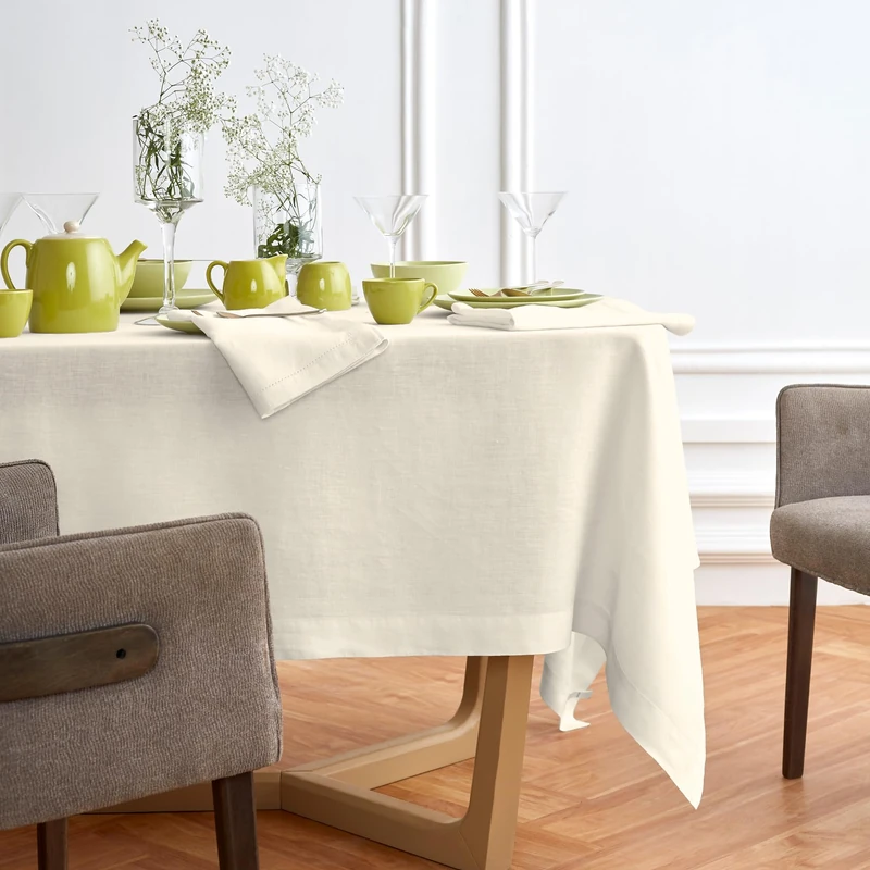 Solino Home 70 x 70 Inch Square Pre-Washed Ivory Linen Tablecloth - 100% Pure Linen, Plain Weave, Machine Washable, Pleated Corners, Perfect for Dining Table, Halloween Occasions