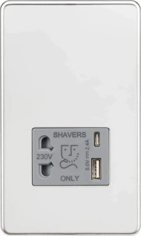 Knightsbridge Screwless Shaver socket with dual USB A+C (5V DC 2.4A shared) - polished chrome with grey insert