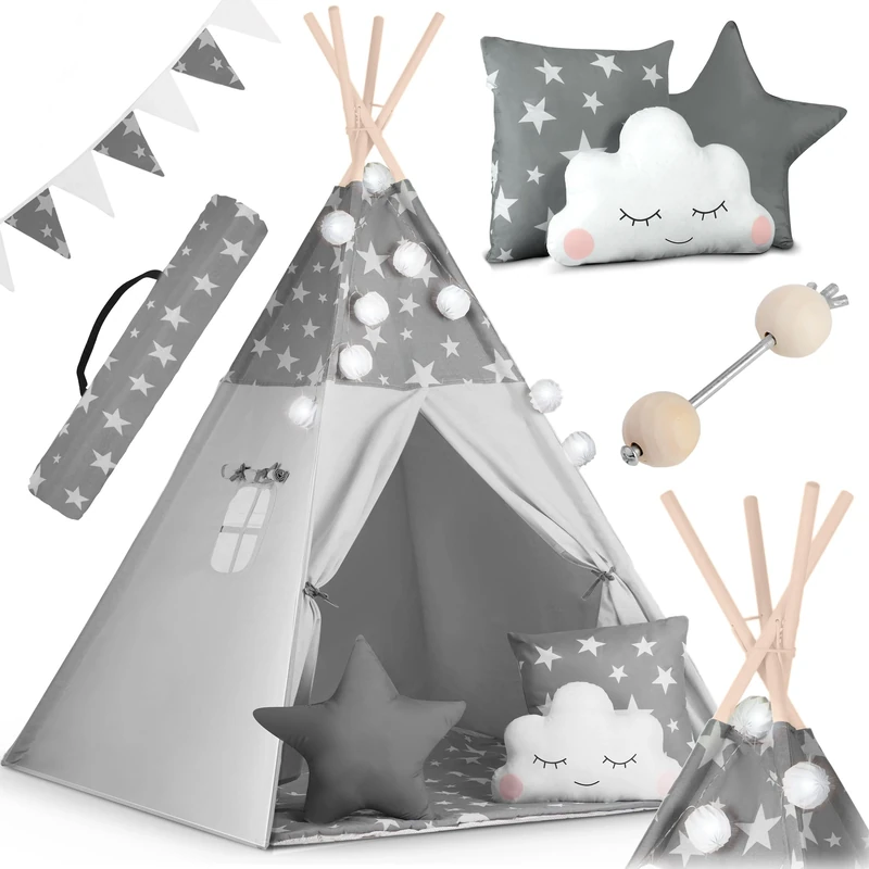 NUKIDO Children's Teepee Tent Cotton Wooden Frame Charming Design Development Promotion Easy to Clean 120 x 120 x 165 cm Garlands Lights Grey