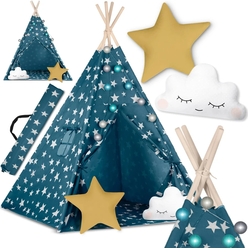 NUKIDO Baby Tent Teepee Cotton Wooden Frame Charming Design Development Promotes Easy to Clean 120 x 120 x 165 cm Lights Blue