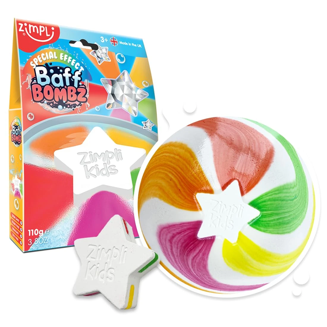 ZIMPLI - Large Star Baff Bombz, Create a rainbow effect, fizzing, bathtime adventure, Bath Bomb for Kids, Vegan Friendly Stocking Filler