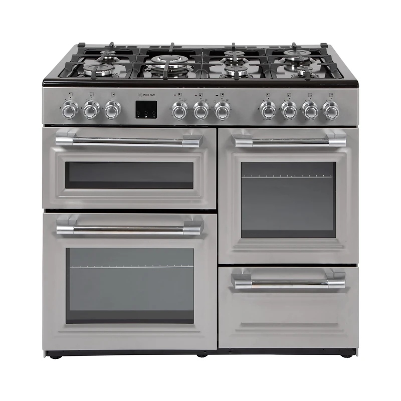 Willow WR100DFSIL Duel Fuel Range Cooker with 7 Gas Burners, 3 Oven Cavities, Digital Display, Programmable Timer, 2 Years Warranty - Silver