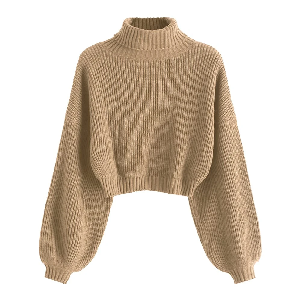 ZAFUL Women's Turtleneck Pullover Drop Shoulder Short Pullover Sweater, 1-Camel Brown, L