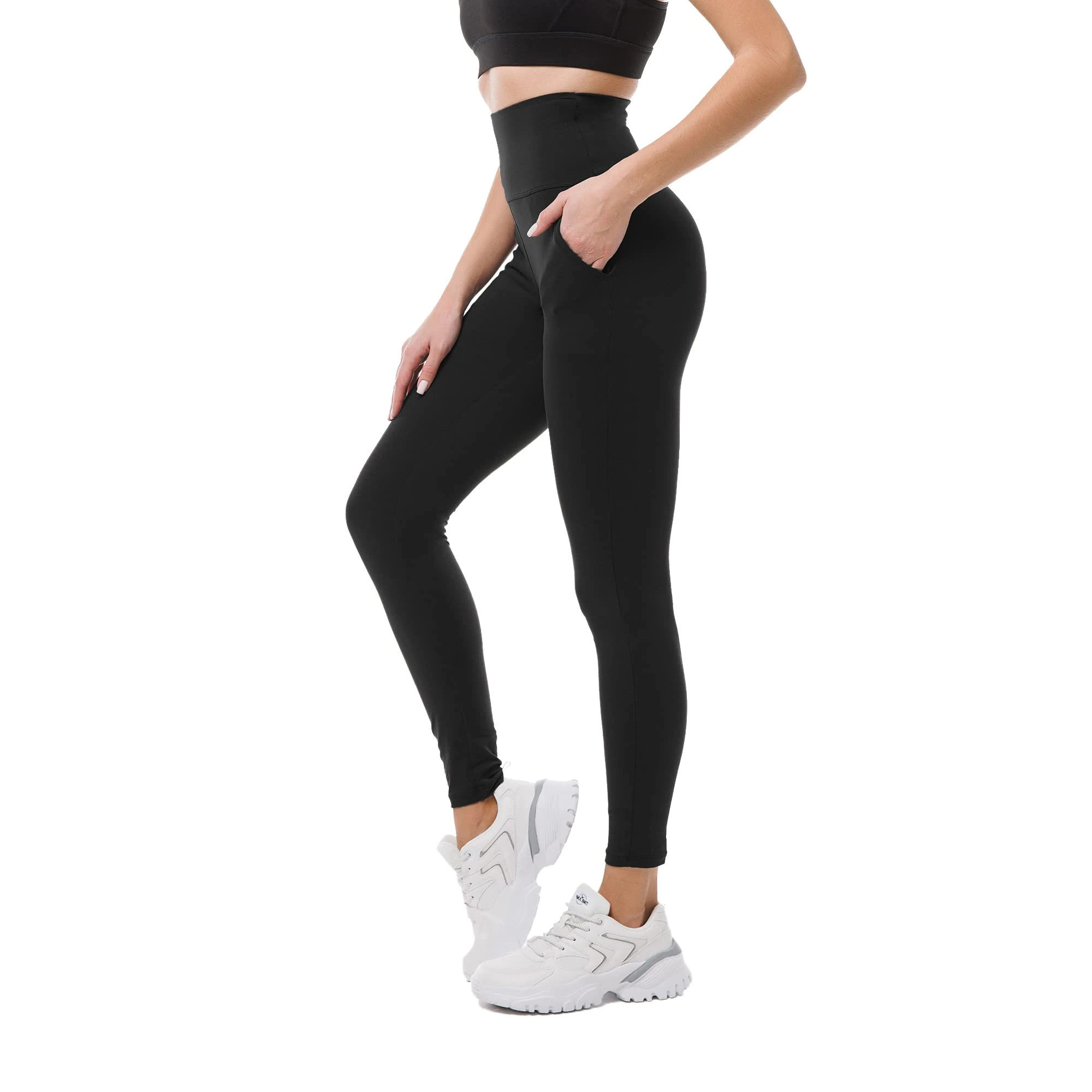 SINOPHANT High Waisted Leggings with Pockets for Women, Buttery Soft Elastic Opaque Tummy Control Stretchy Yoga Pants Trousers(#1 Black,S-M）