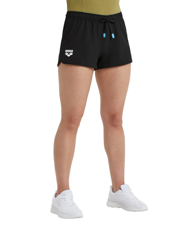 ARENA Women's Team Solid 100% Polyester Athletic Shorts with Side Pockets and Drawstring, Black, Small