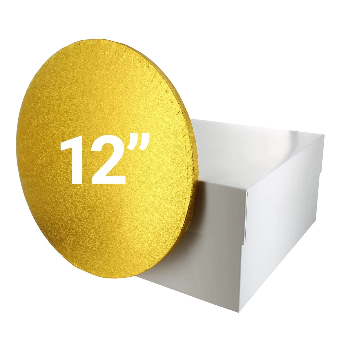 Culpitt 12" Gold Cake Board & White Box Combo, Round Drum With Matching, 0.5'' (13mm) Thick, Square Transport, 12 Inch Single Pack, 90270