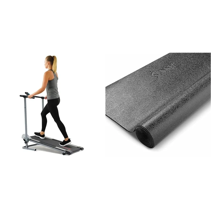 Sunny Health & Fitness Foldable Manual Treadmill, Compact Cardio Fitness + Treadmill Mat -Medium - NO. 074-M, Black