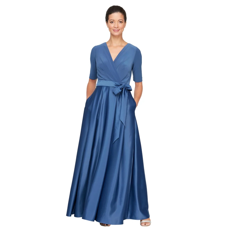 Alex Evenings Women's Ballgown Formal Event Dress with Pockets and Tie Belt (Petite and Regular Sizes) Special Occasion, Wedgewood Satin, 20