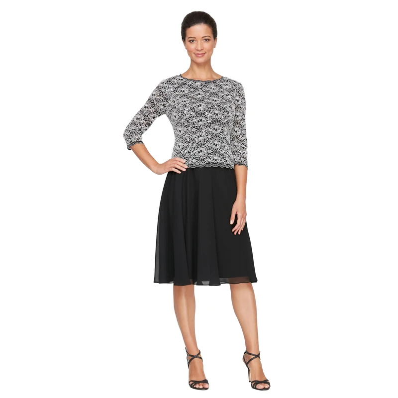 Alex Evenings Women's Tea Length Embroidered Bodice, Mother of The Bride Dress, Wedding Guest, (Petite and Regular Sizes) Special Occasion, Black and White, 12