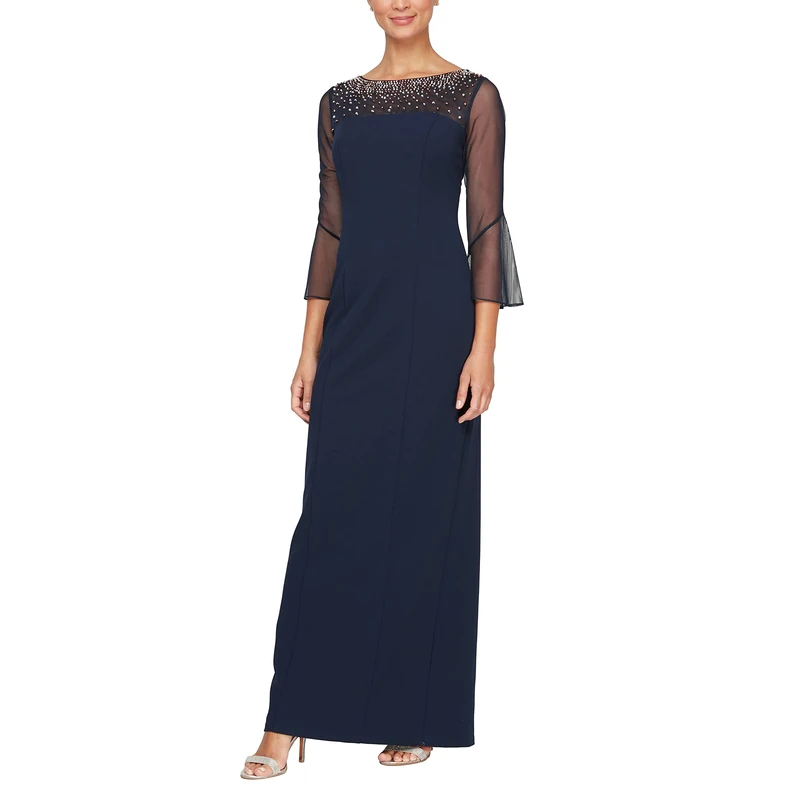 Alex Evenings Women's Long Shift Dress with Illusion Neckline (Petite and Regular Sizes) Special Occasion, Navy and Silver, 14