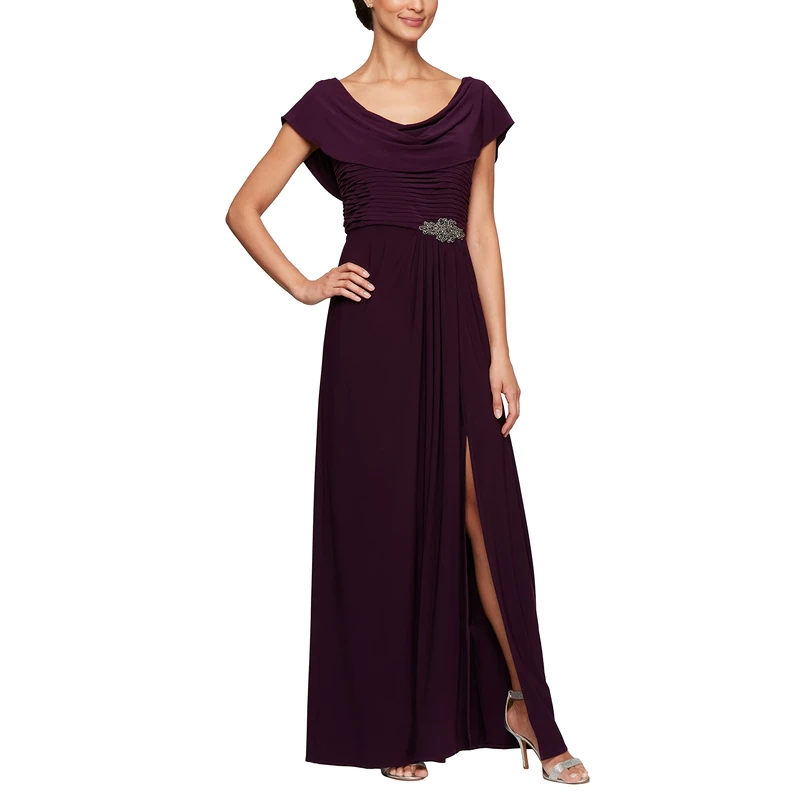 Alex Evenings Women's Long Cowl Neckline Mother of The Bride Dress, Formal Event Gown (Petite and Regular Sizes) Special Occasion, Eggplant, 16