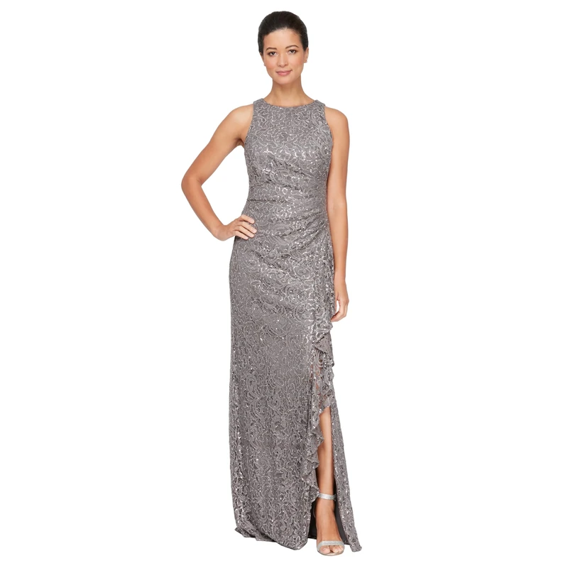 Alex Evenings Women's Long Sleeveless Cascade Ruffle Detail Dress with Front Slit Special Occasion, Charcoal, 18