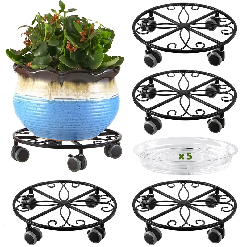 5 Pack Plant Caddy with Wheels Heavy Duty 11.8 Inches Metal Plant Stand with Wheels Plant Dolly Rolling Plant Stand Plant Roller with Casters for Indoor and Outdoor (5, Black)