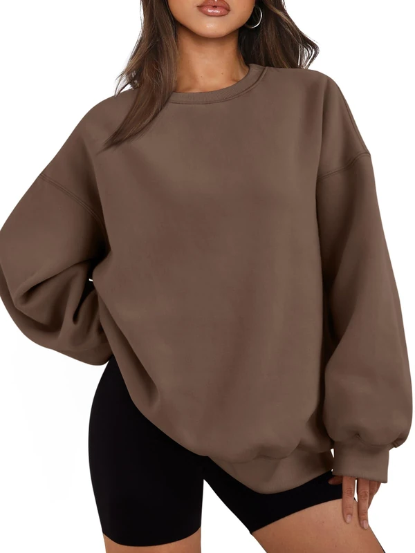 EFAN Womens Oversized Sweatshirts Hoodies Fleece Crewneck Sweaters Casual Tops Comfy Fall Fashion Outfits Winter Clothes 2025, Brown, Large